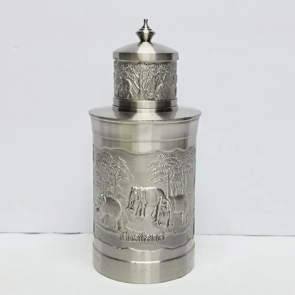 Vintage Bangkok Pewter Thailand Tea Coffee Caddy Container Elephants Embossed